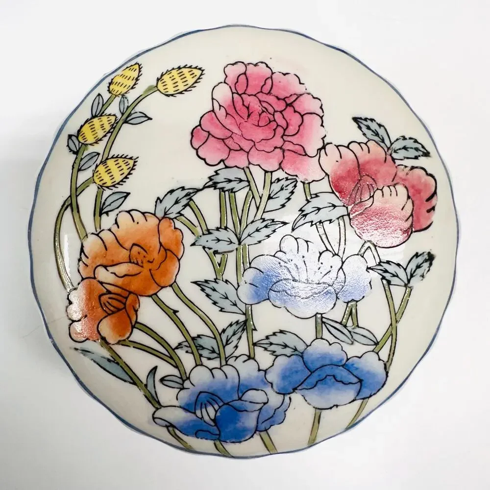Vintage Floral Asian Trinket Jewelry Storage Box Lidded